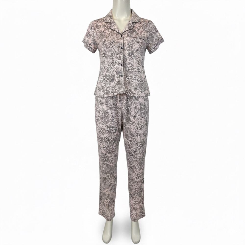 Thalia Sodi Women's XL Pink Floral Pajama Set Short Sleeve Button Up Long Pants